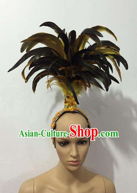 Top Grade Professional Stage Show Halloween Parade Yellow Feather Headwear, Brazilian Rio Carnival Samba Dance Modern Fancywork Hair Accessories Headpiece for Women