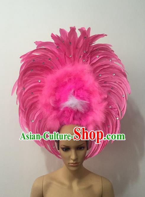 Top Grade Professional Stage Show Halloween Parade Pink Feather Headwear, Brazilian Rio Carnival Samba Dance Modern Fancywork Hair Accessories Headpiece for Women
