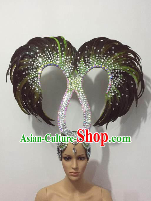 Top Grade Professional Stage Show Halloween Parade Crystal Feather Headwear, Brazilian Rio Carnival Samba Dance Modern Fancywork Hair Accessories Headpiece for Women