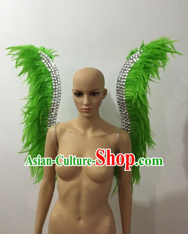 Top Grade Professional Stage Show Halloween Parade Green Feather Wings, Brazilian Rio Carnival Samba Dance Modern Fancywork Props Decorations for Women
