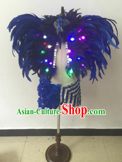 Top Grade Professional Performance Catwalks Bikini Costume, Traditional Brazilian Rio Carnival Samba Modern Fancywork Blue Feather Swimsuit Led Light Clothing for Kids