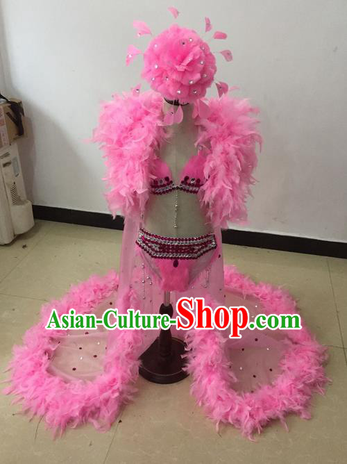 Top Grade Professional Performance Catwalks Bikini Costume and Headwear, Traditional Brazilian Rio Carnival Samba Modern Fancywork Pink Feather Swimsuit Led Light Clothing for Kids