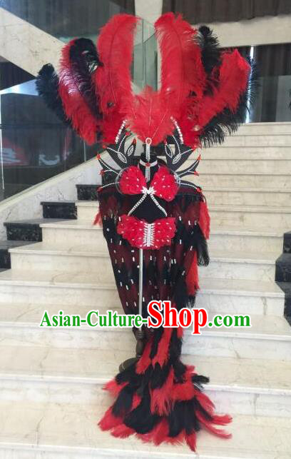 Top Grade Professional Performance Catwalks Bikini Costume and Headwear, Traditional Brazilian Rio Carnival Samba Modern Fancywork Red Feather Swimsuit Clothing for Kids