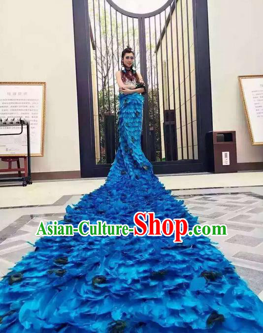 Top Grade Professional Performance Catwalks Bikini Costume and Headpiece, Traditional Brazilian Rio Carnival Samba Modern Fancywork Peacock Blue Feather Trailing Swimsuit for Women