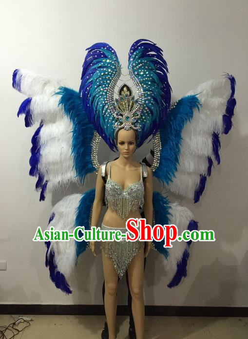 Top Grade Professional Performance Catwalks Bikini Butterfly Wings Costume and Headpiece, Traditional Brazilian Rio Carnival Samba Modern Fancywork Blue Feather Swimsuit for Women