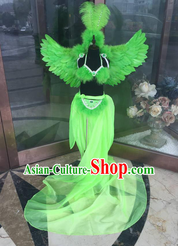 Top Grade Professional Performance Catwalks Bikini Costume and Headpiece, Traditional Brazilian Rio Carnival Samba Modern Fancywork Green Feather Trailing Swimsuit for Kids