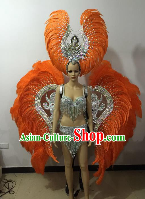 Top Grade Professional Performance Catwalks Bikini Wings Costume and Headpiece, Traditional Brazilian Rio Carnival Samba Modern Fancywork Orange Feather Swimsuit for Women