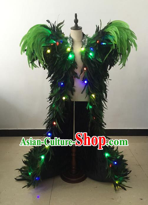 Top Grade Professional Performance Catwalks Led Light Costume, Traditional Brazilian Rio Carnival Samba Modern Fancywork Green Feather Clothing for Kids