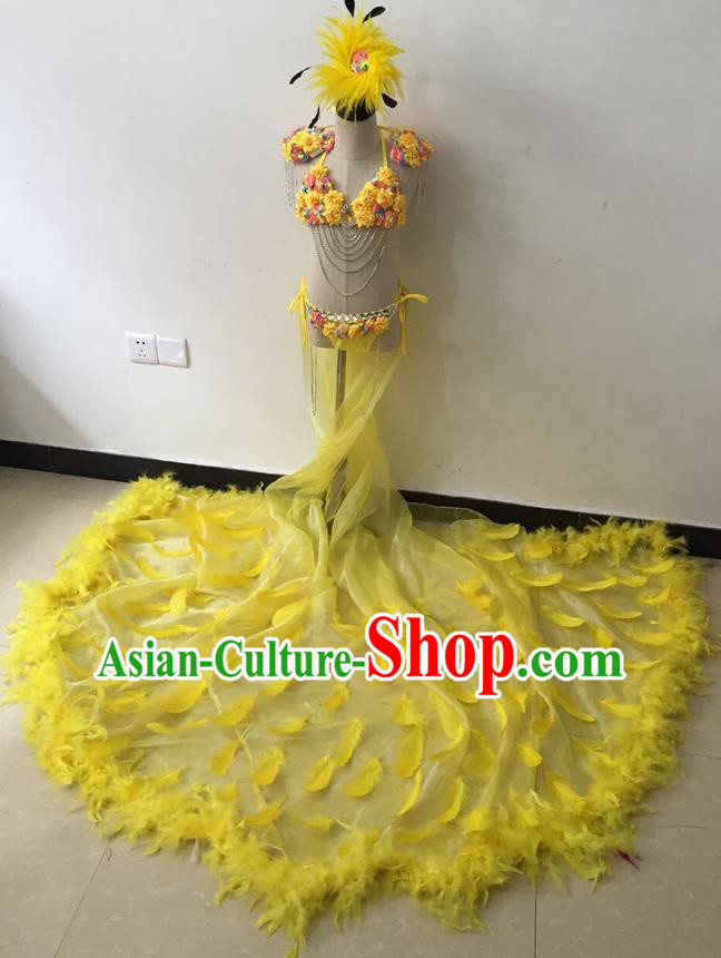 Top Grade Professional Performance Catwalks Bikini Costume and Headpiece, Traditional Brazilian Rio Carnival Samba Modern Fancywork Yellow Feather Trailing Swimsuit for Kids