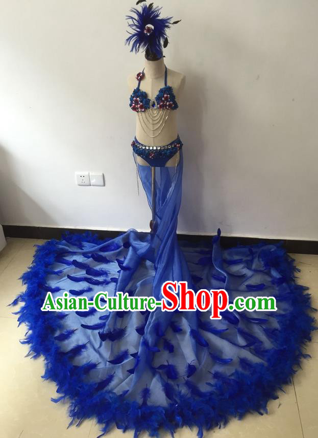 Top Grade Professional Performance Catwalks Bikini Costume and Headpiece, Traditional Brazilian Rio Carnival Samba Modern Fancywork Blue Feather Trailing Swimsuit for Kids