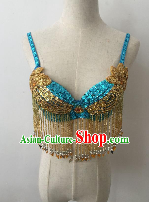 Top Grade Professional Performance Catwalks Bikini Clothing, Traditional Brazilian Rio Carnival Samba Modern Fancywork Belly Dance Blue Brassiere for Women