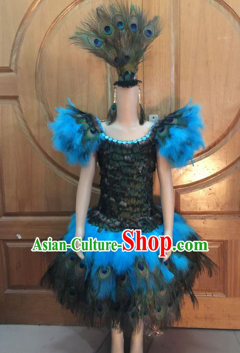 Top Grade Professional Performance Catwalks Dress Clothing, Traditional Brazilian Rio Carnival Samba Modern Fancywork Blue Costume for Women