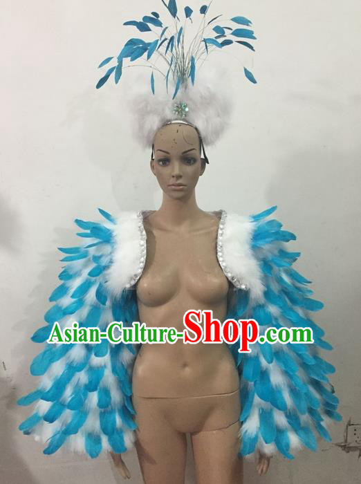 Top Grade Professional Performance Catwalks Clothing, Traditional Brazilian Rio Carnival Samba Modern Fancywork Blue Feather Costume for Women