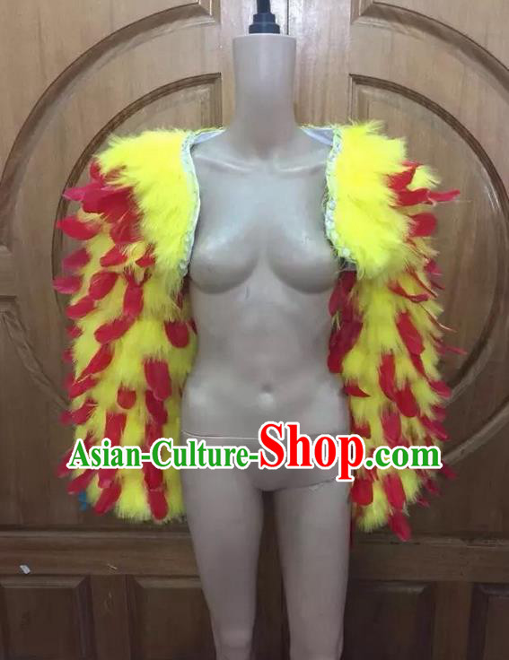 Top Grade Professional Performance Catwalks Clothing, Traditional Brazilian Rio Carnival Samba Modern Fancywork Yellow Feather Costume for Women