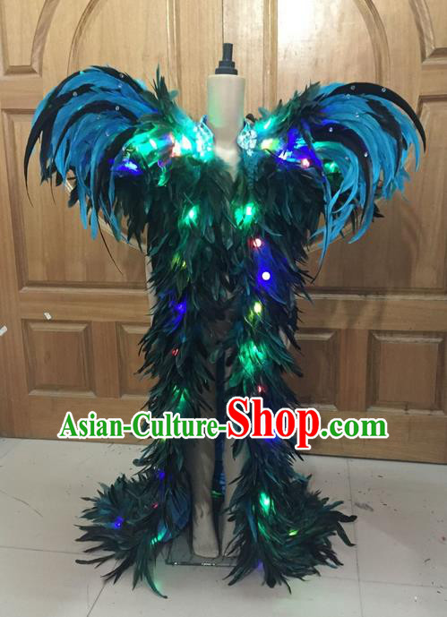 Top Grade Professional Performance Catwalks Led Light Clothing, Traditional Brazilian Rio Carnival Samba Modern Fancywork Blue Feather Costume for Kids