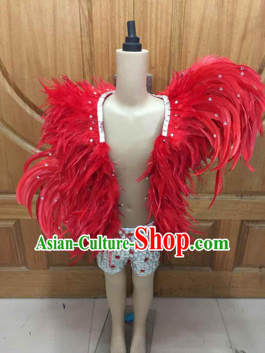 Top Grade Professional Performance Catwalks Led Light Clothing, Traditional Brazilian Rio Carnival Samba Modern Fancywork Red Feather Costume for Kids