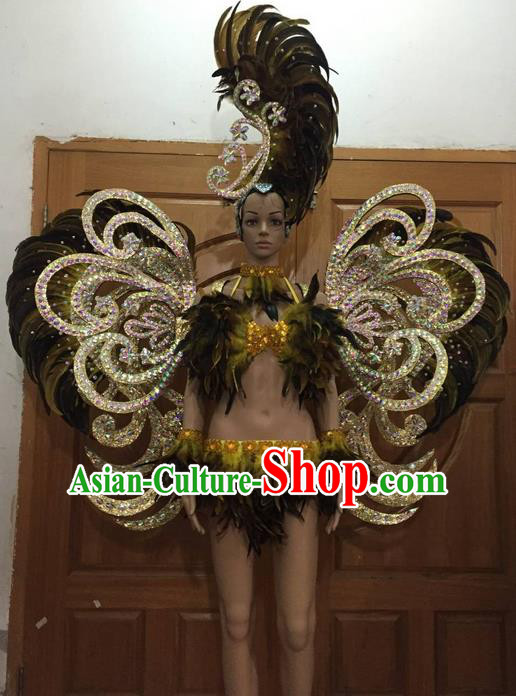 Top Grade Professional Performance Catwalks Bikini Clothing and Deluxe Wings Headpiece, Traditional Brazilian Rio Carnival Samba Modern Fancywork Swimsuit Costume for Women