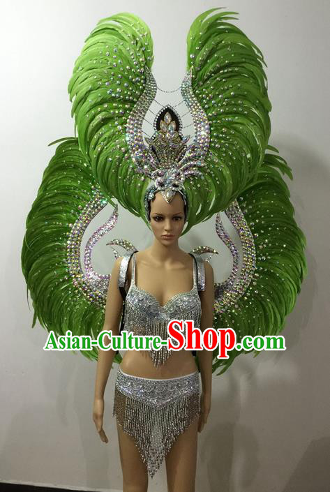 Top Grade Professional Performance Catwalks Green Feather Bikini and Deluxe Wings Headpiece, Traditional Brazilian Rio Carnival Samba Modern Fancywork Swimsuit Costume for Women