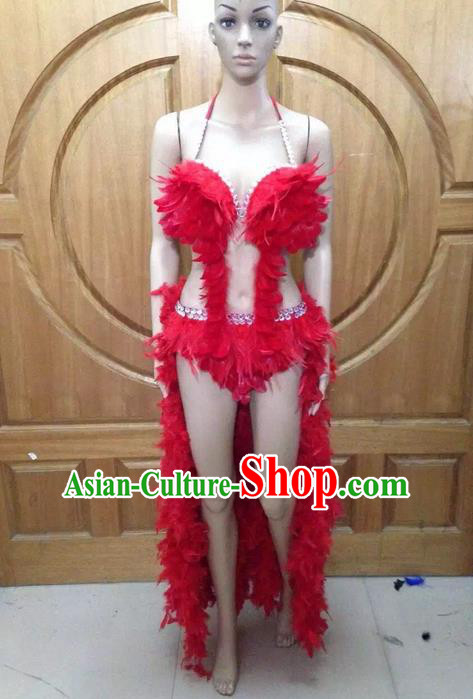 Top Grade Professional Performance Catwalks Red Feather Bikini Costume, Traditional Brazilian Rio Carnival Samba Dance Modern Fancywork Swimsuit Costume for Women