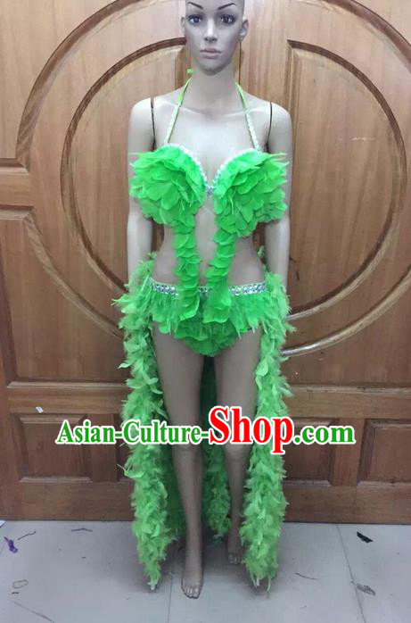 Top Grade Professional Performance Catwalks Green Feather Bikini Costume, Traditional Brazilian Rio Carnival Samba Dance Modern Fancywork Swimsuit Costume for Women