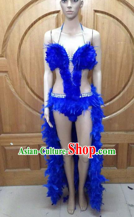 Top Grade Professional Performance Catwalks Blue Feather Bikini Costume, Traditional Brazilian Rio Carnival Samba Dance Modern Fancywork Swimsuit Costume for Women