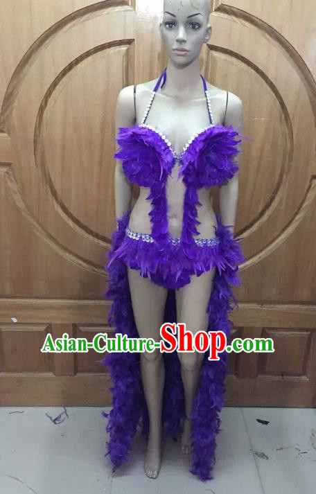 Top Grade Professional Performance Catwalks Purple Feather Bikini Costume, Traditional Brazilian Rio Carnival Samba Dance Modern Fancywork Swimsuit Costume for Women