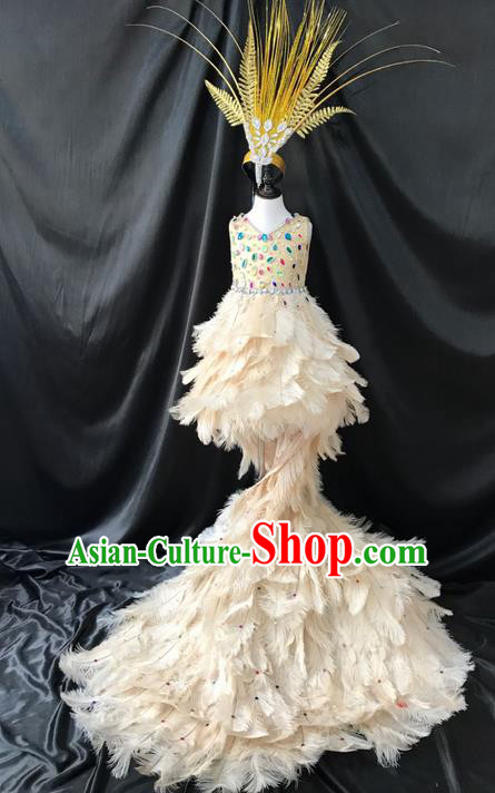 Top Grade Professional Performance Catwalks White Feather Dress and Headwear, Traditional Brazilian Rio Carnival Samba Dance Modern Fancywork Clothing for Kids