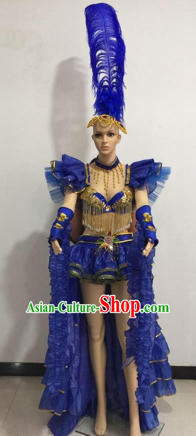 Top Grade Professional Performance Catwalks Royalblue Bikini Costume and Feather Headwear, Traditional Brazilian Rio Carnival Samba Dance Modern Fancywork Clothing for Women