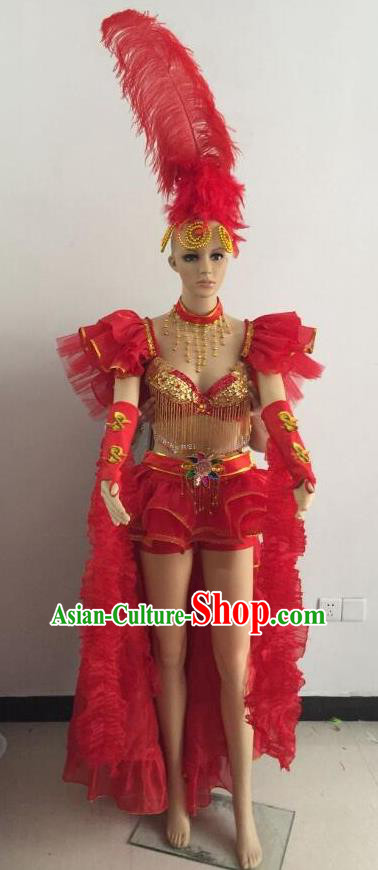 Top Grade Professional Performance Catwalks Red Bikini Costume and Feather Headwear, Traditional Brazilian Rio Carnival Samba Dance Modern Fancywork Clothing for Women