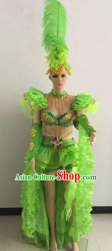 Top Grade Professional Performance Catwalks Green Bikini Costume and Feather Headwear, Traditional Brazilian Rio Carnival Samba Dance Modern Fancywork Clothing for Women