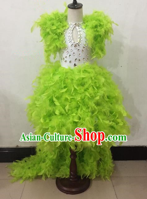 Top Grade Professional Performance Catwalks Costume Green Dress, Traditional Brazilian Rio Carnival Samba Dance Modern Fancywork Clothing for Kids