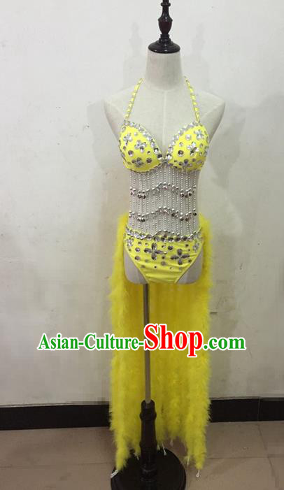 Top Grade Professional Performance Catwalks Costume Yellow Bikini, Traditional Brazilian Rio Carnival Samba Dance Modern Fancywork Clothing for Women