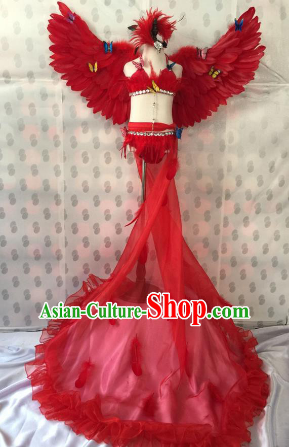 Top Grade Professional Performance Catwalks Costume Red Feather Bikini with Wings, Traditional Brazilian Rio Carnival Samba Dance Modern Fancywork Swimsuit Clothing for Kids