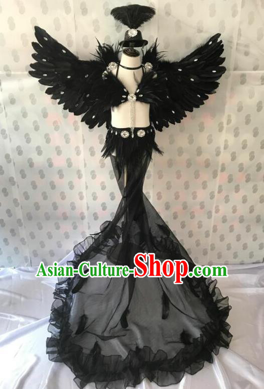 Top Grade Professional Performance Catwalks Costume Black Feather Bikini with Wings, Traditional Brazilian Rio Carnival Samba Dance Modern Fancywork Swimsuit Clothing for Kids