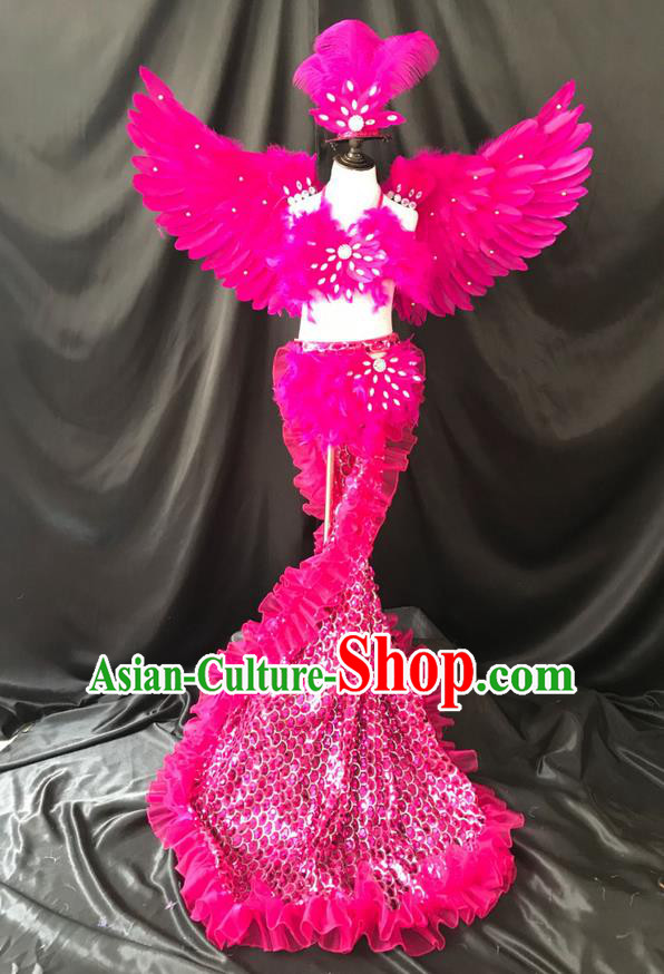 Top Grade Professional Performance Catwalks Costume Rosy Feather Bikini with Wings, Traditional Brazilian Rio Carnival Samba Dance Modern Fancywork Swimsuit Clothing for Kids