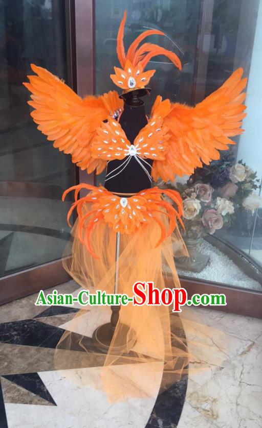 Top Grade Professional Performance Catwalks Costume Orange Feather Bikini with Wings, Traditional Brazilian Rio Carnival Samba Dance Modern Fancywork Swimsuit Clothing for Kids