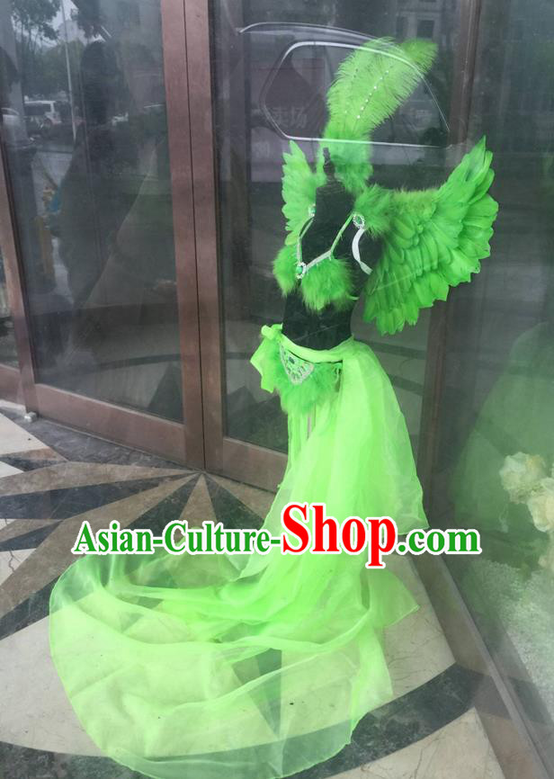 Top Grade Professional Performance Catwalks Costume Green Feather Bikini with Wings, Traditional Brazilian Rio Carnival Samba Dance Modern Fancywork Swimsuit Clothing for Kids