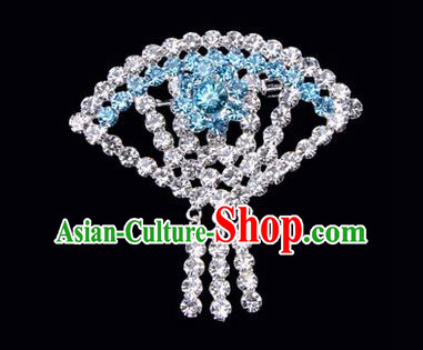 Chinese Ancient Peking Opera Jewelry Accessories Young Lady Diva Sector Brooch, Traditional Chinese Beijing Opera Hua Tan Blue Crystal Breastpin