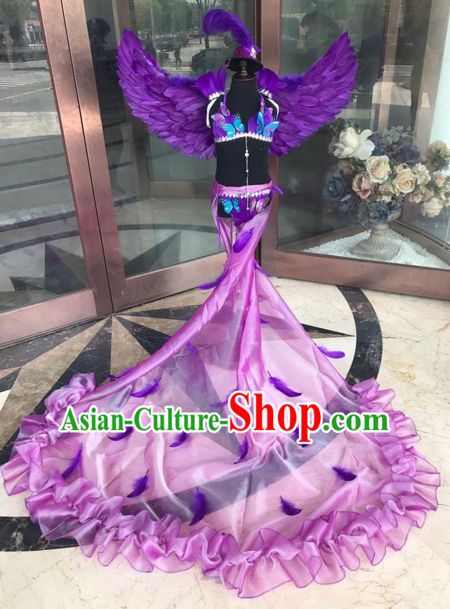 Top Grade Professional Performance Catwalks Costume Purple Feather Bikini with Wings, Traditional Brazilian Rio Carnival Samba Dance Modern Fancywork Swimsuit Clothing for Kids