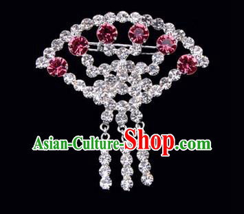 Chinese Ancient Peking Opera Jewelry Accessories Young Lady Diva Sector Brooch Collar Button, Traditional Chinese Beijing Opera Hua Tan Pink Crystal Breastpin