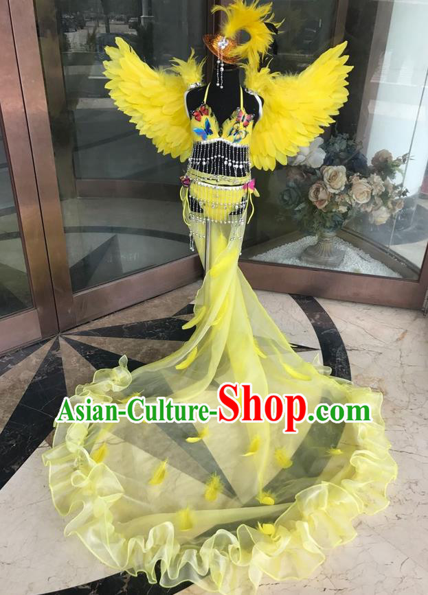 Top Grade Professional Performance Catwalks Costume Yellow Feather Bikini with Wings, Traditional Brazilian Rio Carnival Samba Dance Modern Fancywork Swimsuit Clothing for Kids