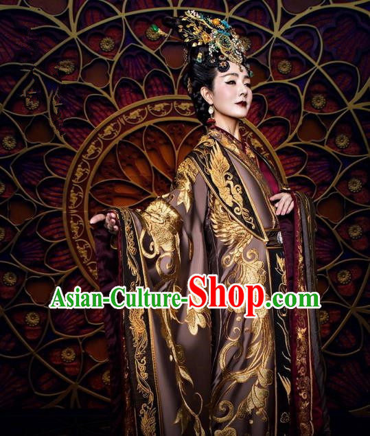 Traditional Ancient Chinese Queen Mother Costume and Handmade Headpiece Complete Set, Elegant Hanfu Clothing Chinese Southern and Northern Dynasty Imperial Empress Dowager Tailing Embroidered Clothing