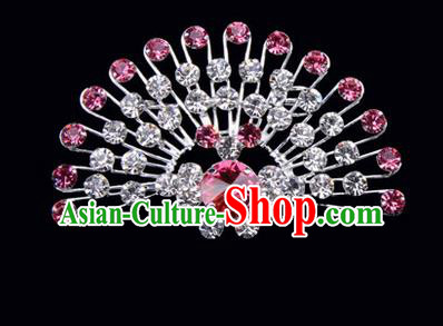 Chinese Ancient Peking Opera Jewelry Accessories Young Lady Diva Peacock Brooch Collar Button, Traditional Chinese Beijing Opera Hua Tan Pink Crystal Breastpin