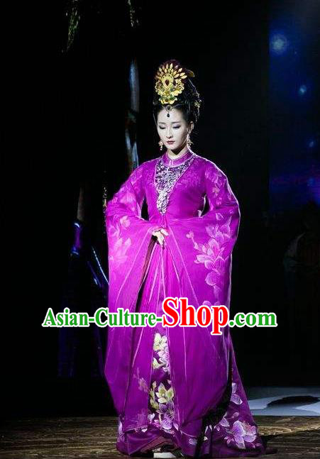 Traditional Ancient Chinese Imperial Queen Costume and Handmade Headpiece Complete Set, Elegant Hanfu Chinese Southern and Northern Dynasty Imperial Consort Embroidered Trailing Clothing