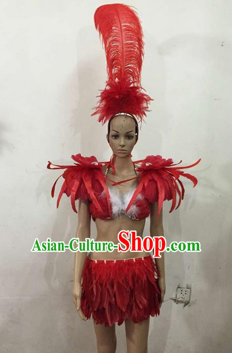 Top Grade Professional Performance Catwalks Costume Red Feather Bikini, Traditional Brazilian Rio Carnival Samba Dance Modern Fancywork Swimsuit Clothing for Women