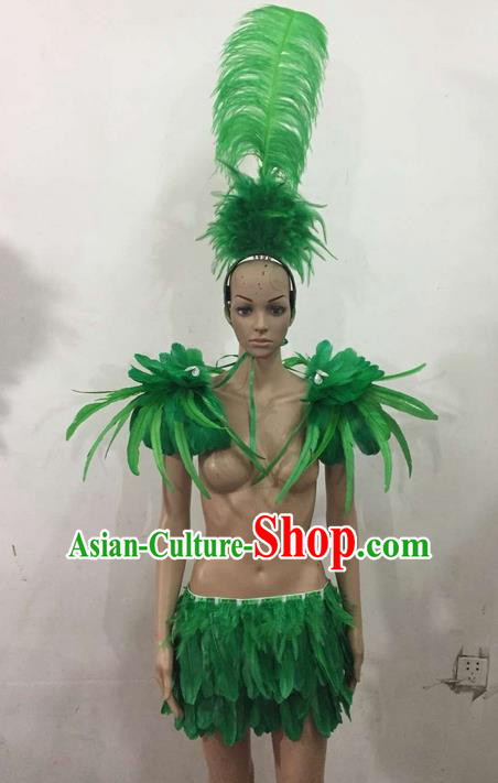 Top Grade Professional Performance Catwalks Costume Green Feather Bikini, Traditional Brazilian Rio Carnival Samba Dance Modern Fancywork Swimsuit Clothing for Women