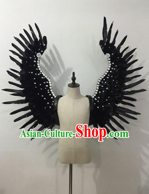 Top Grade Professional Stage Show Halloween Parade Black Feather Wings Accessories, Brazilian Rio Carnival Samba Dance Modern Fancywork Decorations Props for Kids