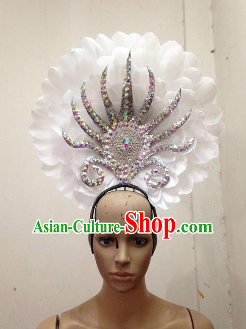 Top Grade Professional Stage Show Halloween Parade White Feather Hair Accessories, Brazilian Rio Carnival Samba Dance Modern Fancywork Decorations Headpiece for Women
