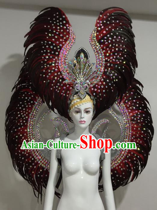 Top Grade Professional Stage Show Halloween Parade Red Feather Wings and Hair Accessories, Brazilian Rio Carnival Samba Dance Modern Fancywork Decorations Props for Women