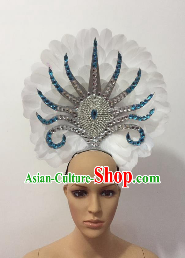 Top Grade Professional Stage Show Halloween Parade Feather Hair Accessories, Brazilian Rio Carnival Samba Dance Modern Fancywork Decorations Blue Headpiece for Women